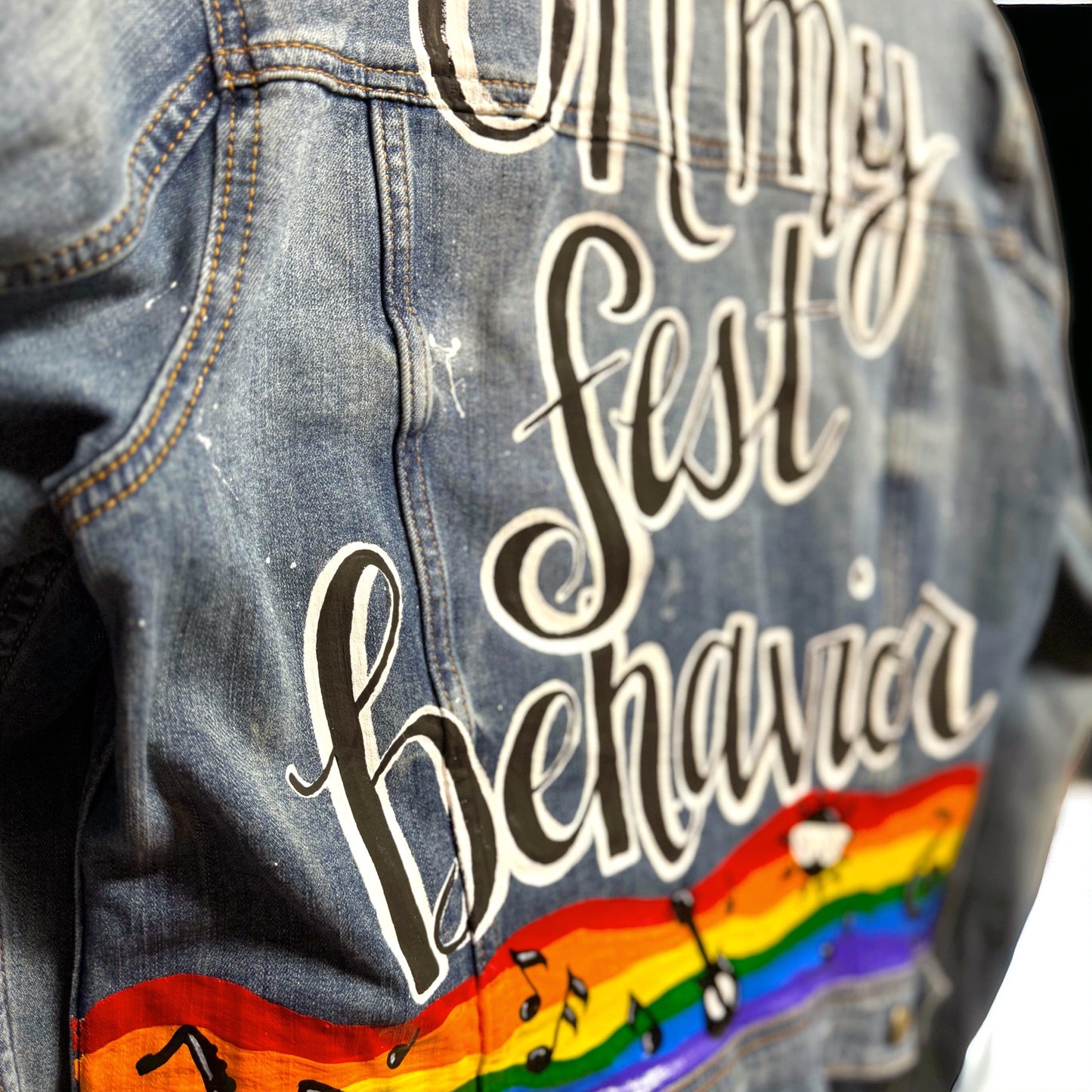 Hand Painted Jean Jacket: “On My Fest Behavior”, Jazz Fest, Festival, Hand Painted, Music Concert, Rainbow Jacket