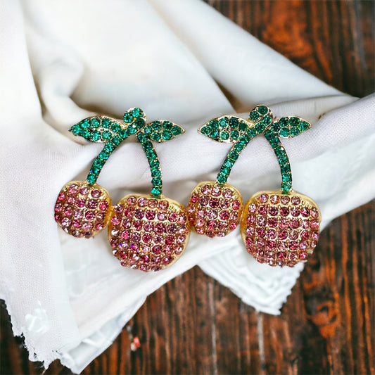 Rhinestone Cherry Earrings - Cherry Jewelry, Cherries, Cherry Accessories, Fruit Earrings, Handmade Earrings