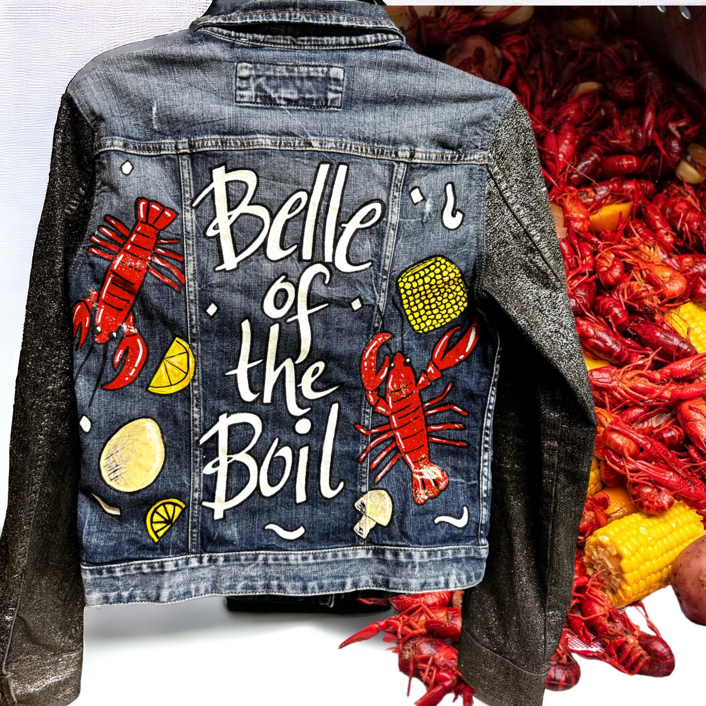 Hand Painted Jean Jacket: “Belle of the Boil” - Mardi Gras, Painted Jacket, New Orleans, Crawfish Boil, Easter Jacket, Belle of the Boil, Mudbug