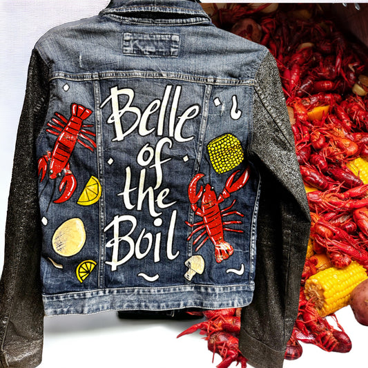 Hand Painted Jean Jacket: âBelle of the Boilâ - Mardi Gras, Painted Jacket, New Orleans, Crawfish Boil, Easter Jacket, Belle of the Boil, Mudbug
