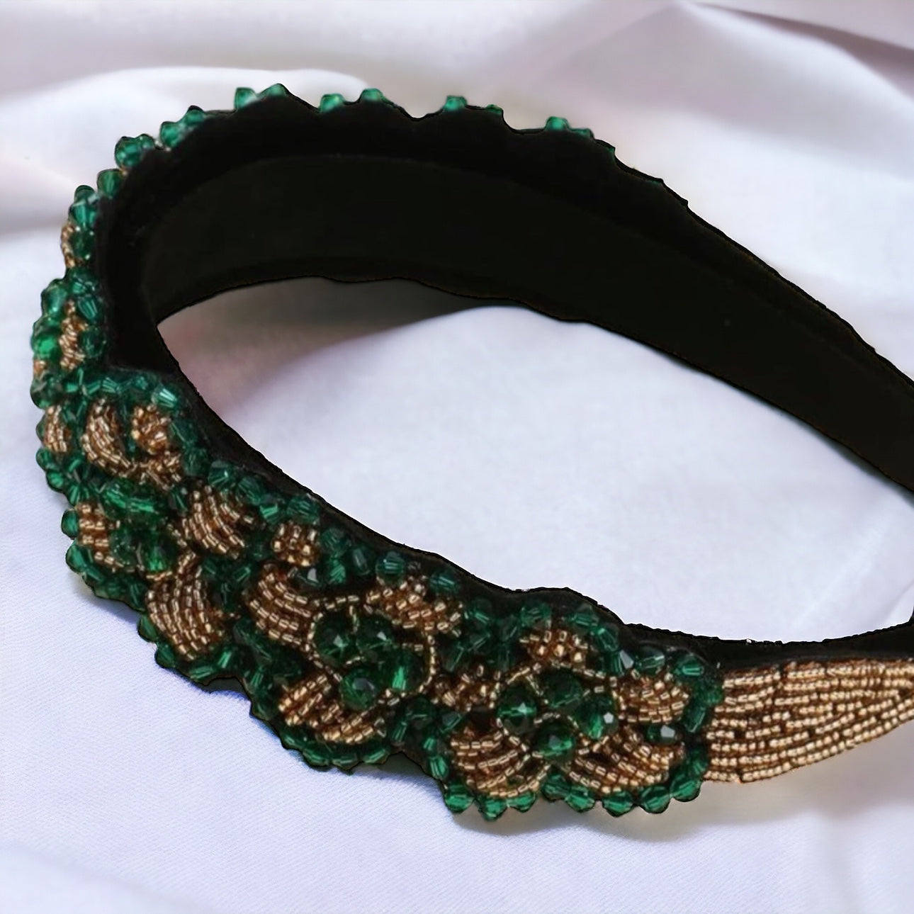 Beaded Green and Gold Headband - Handmade Headpiece, St. Patrick’s Day Headband, Holiday Headpiece, Beaded Headband