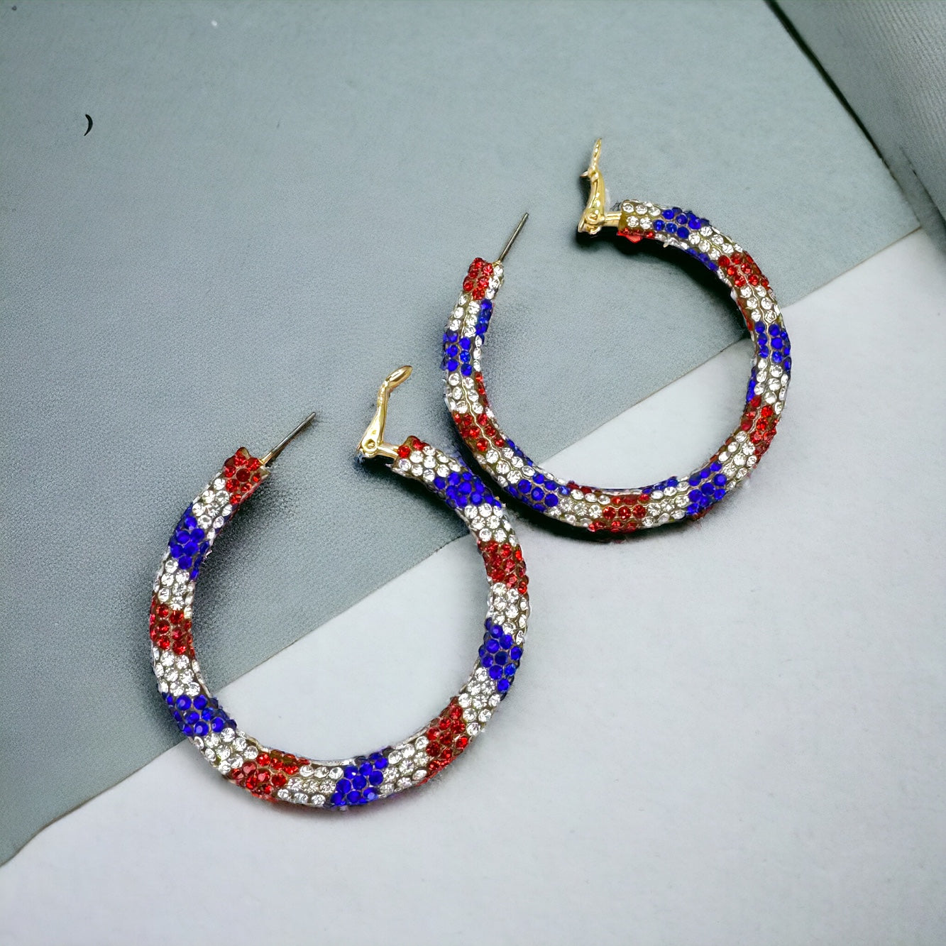 Sparkling Rhinestone Patriotic Hoop Earrings - Red, White, & Blue