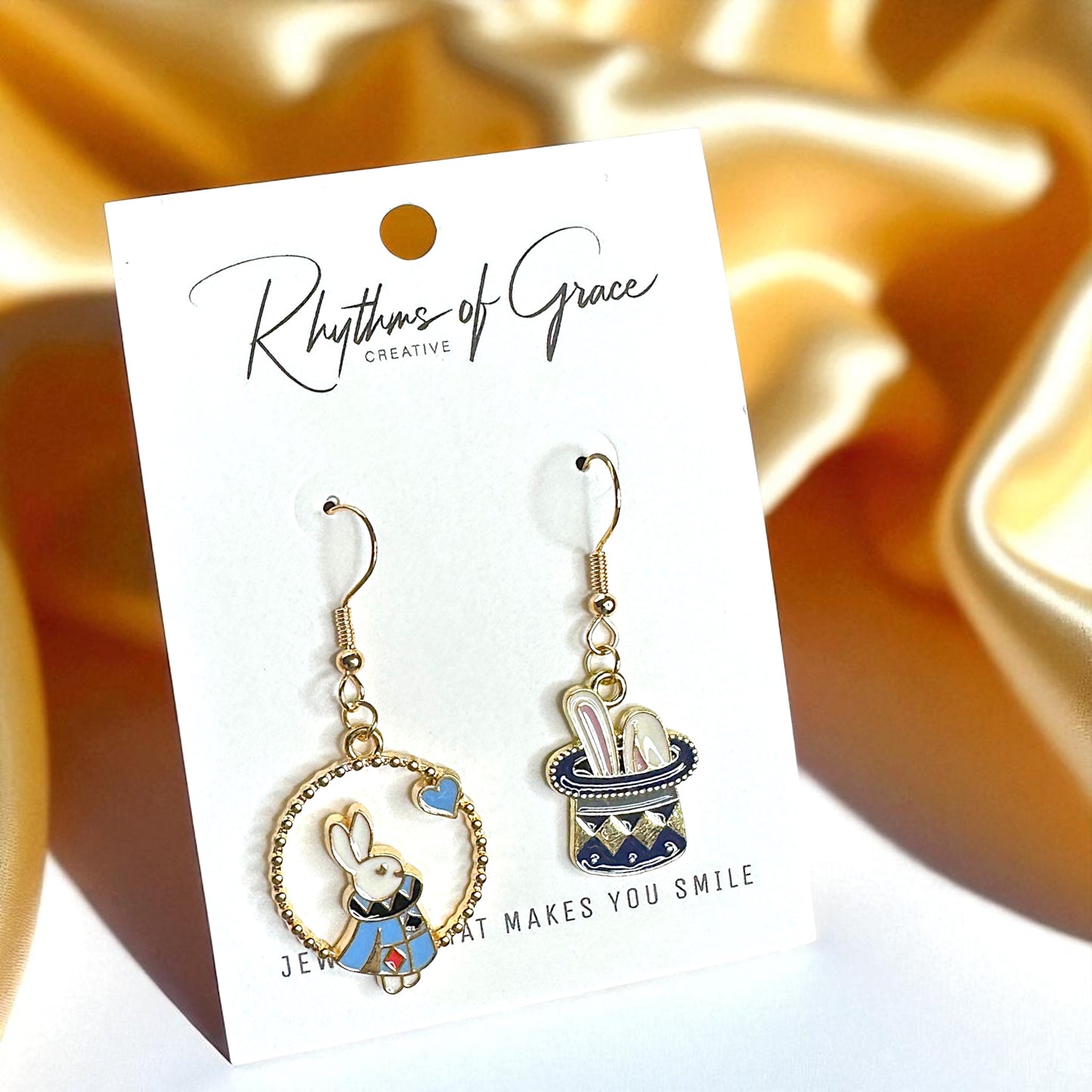 Magical Wonderland Earrings: White Rabbit & Clock Mismatch Dangles