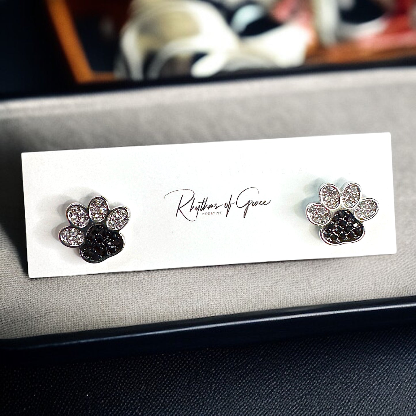 Sparkle & Paws! Silver and Black Rhinestone Paw Print Stud Earrings