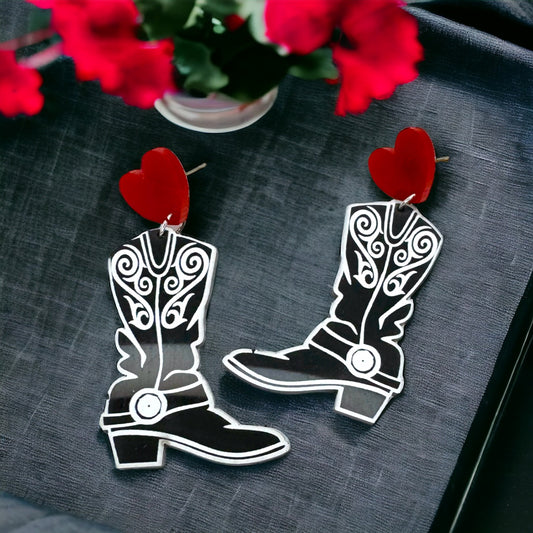 Trendy Black and White Cowboy Boot Dangle Earrings - Western Style Jewelry