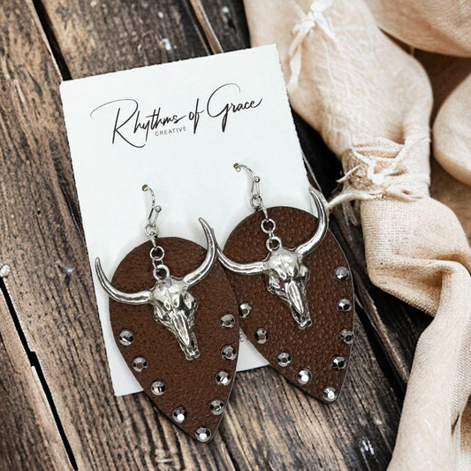 Stunning Western Bull Head Dangle Earrings - Brown Leather, Zinc Alloy, Stainless Steel & Rhinestones