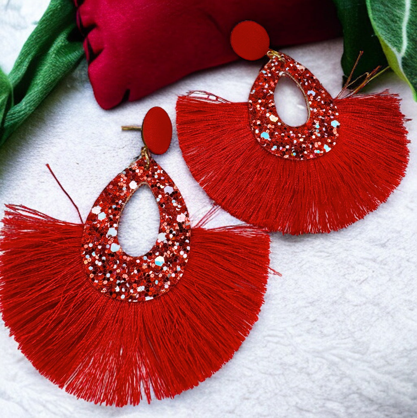 Sparkling Red Glitter Tassel Dangle Earrings - Bold Statement Jewelry