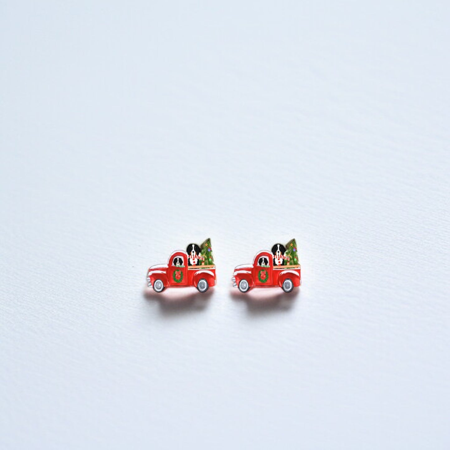 Jolly Pickup Truck Earrings: Holiday Cheer with a St. Bernard Twist!