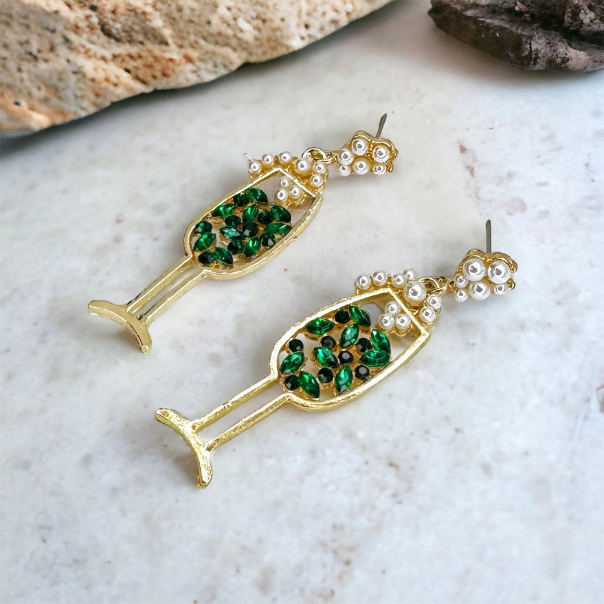 Wine Not? Sparkling Green Rhinestone Wineglass Earrings for the Stylish Sipper!