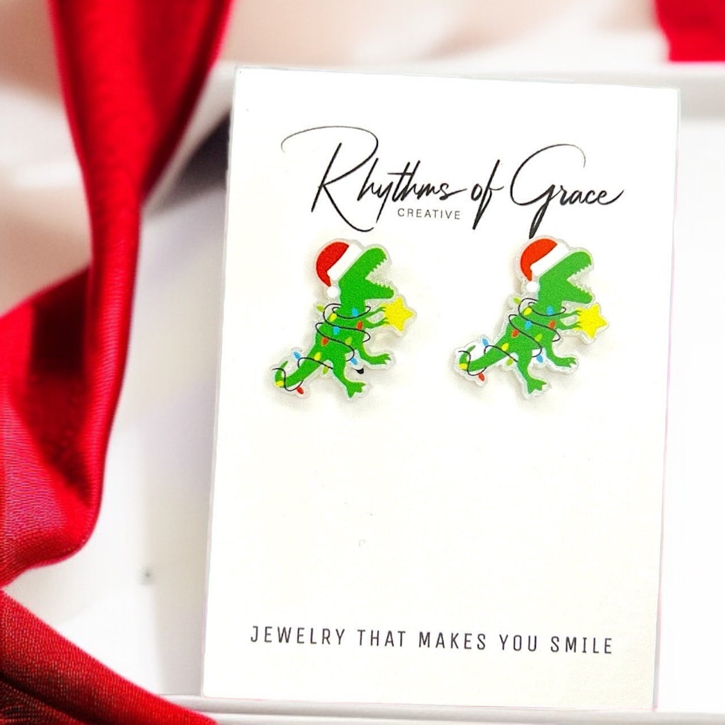 Christmas Dinosaur Earrings – Festive Dino Studs for the Holidays! 🎄🦖 - Rhythms of Grace Creative