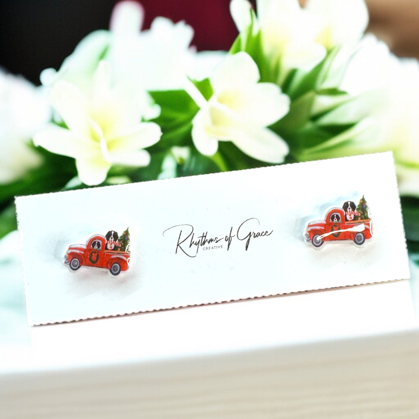 Jolly Pickup Truck Earrings: Holiday Cheer with a St. Bernard Twist!
