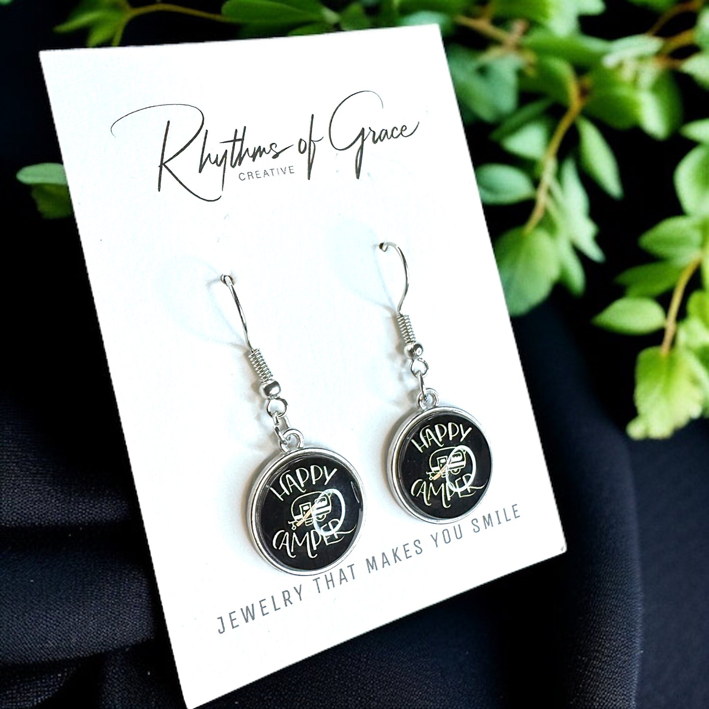 Embrace the Journey with "Happy Camper" Cabochon Dangle Earrings