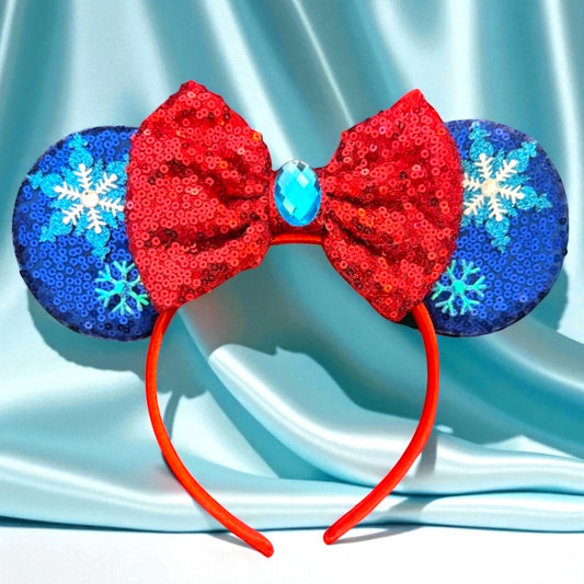 Frozen Inspired Mouse Ears Headband with Blue Sequin Bow - Elsa & Anna Design