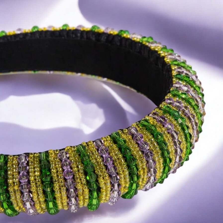 Beaded Mardi Gras Headband - Vibrant Purple, Green, & Gold 💜💚💛