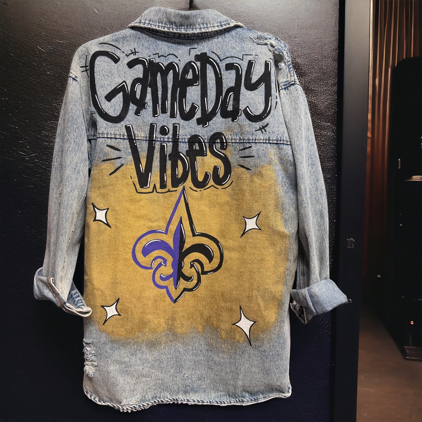 Hand-Painted Jean Jacket: GAMEDAY! | Perfect for LSU & Saints Fans | Oversized Long Denim