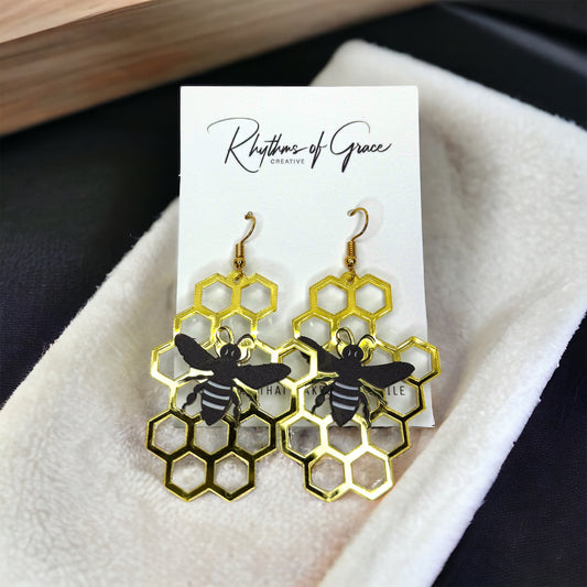 Bee Earrings - Bee Jewelry, Bumblebee, Honeycomb, Honey Bee, Handmade Earrings, Handmade Jewelry, Animal Earrings, Animal Jewelry, Bees