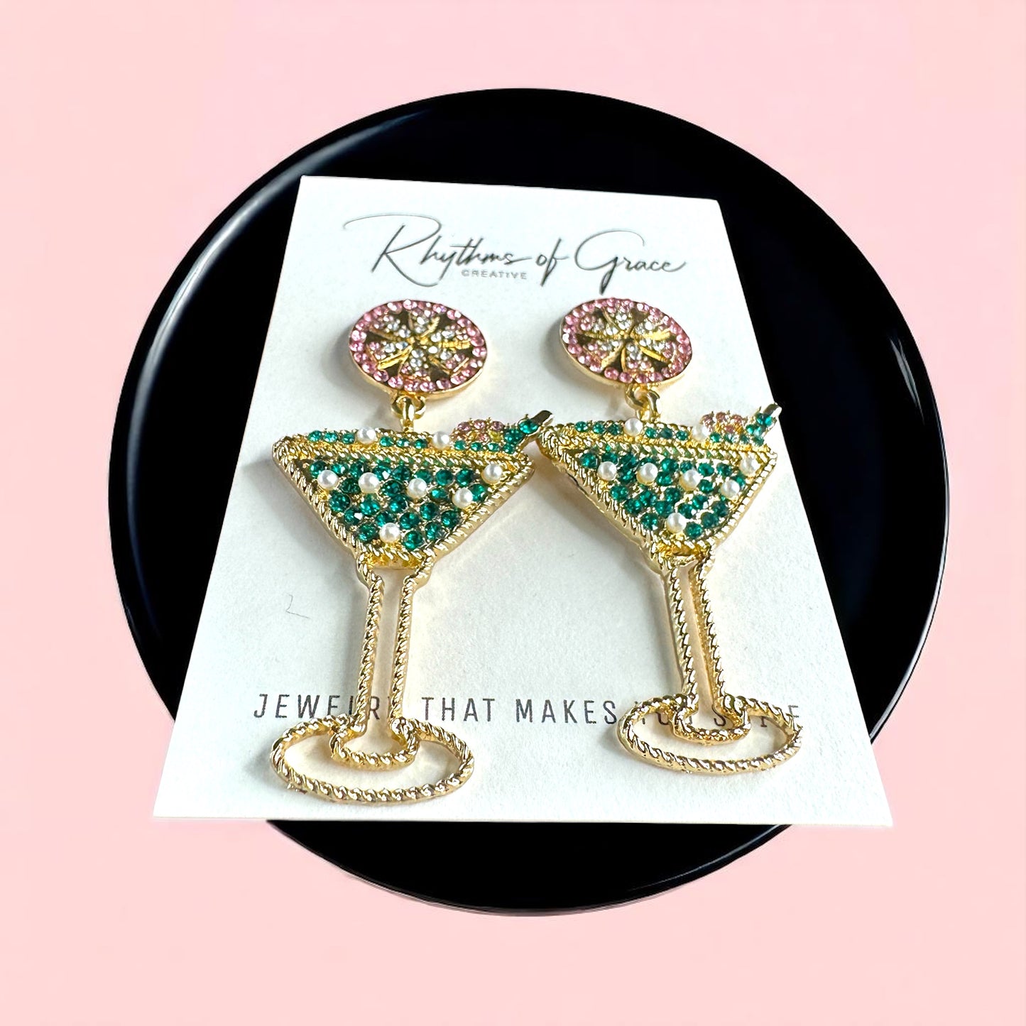 Sparkling Emerald & Pink Martini Dangle Earrings - Glamorous Statement Jewelry