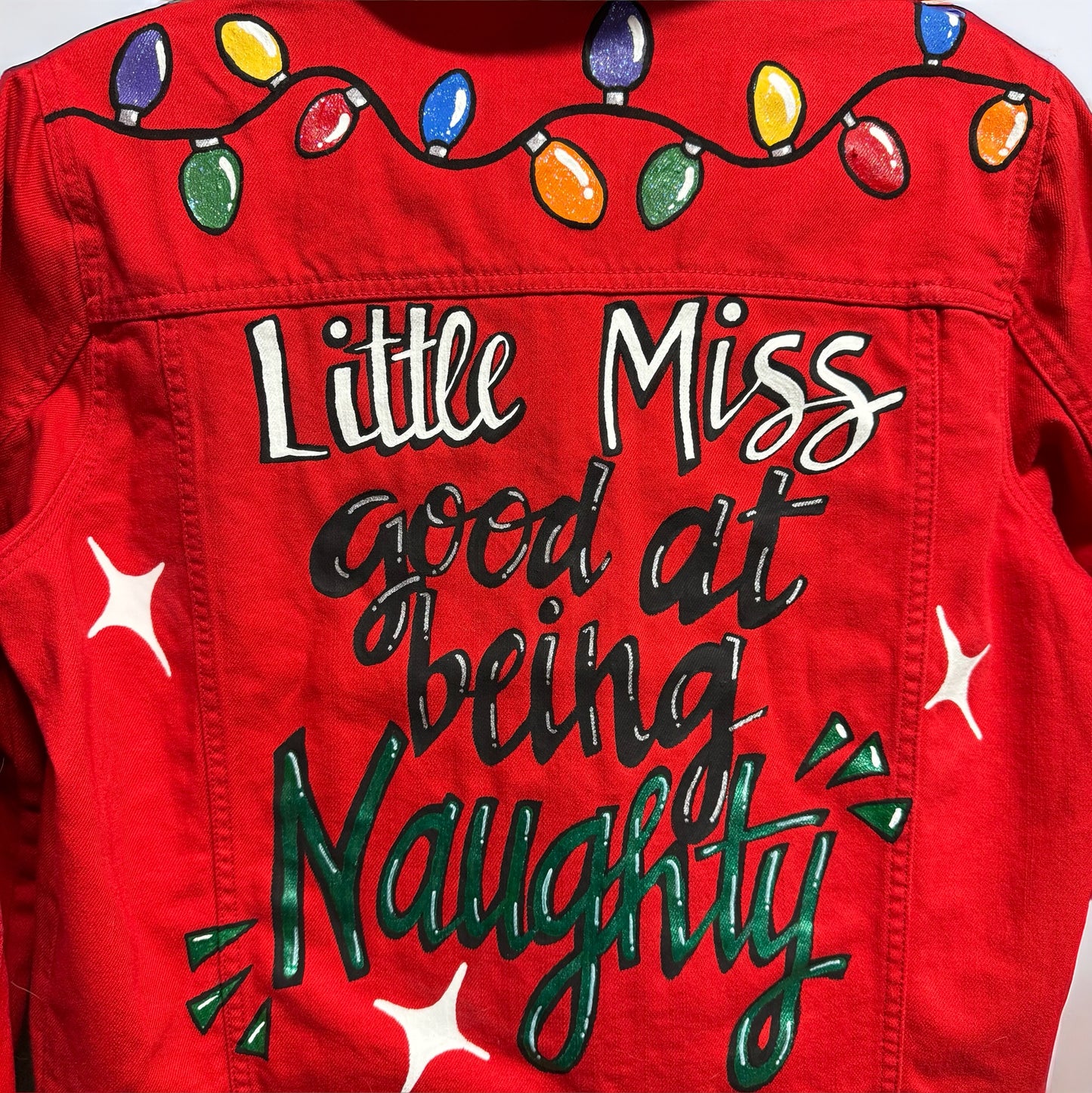 Hand Painted Jean Jacket: “Little Miss Good At Being Naughty”