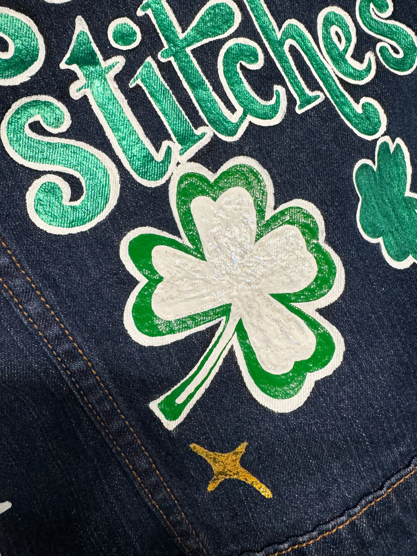Hand Painted Jean Jacket: “Pinches Get Stitches”, St Patrick’s Day Jacket, Hand Painted, Shamrock