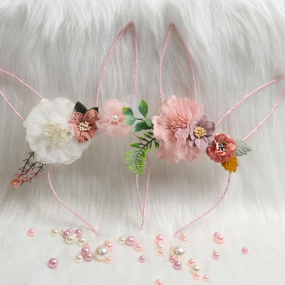 Floral Bunny Ears - Bunny Headband, Handmade Headpiece, Black Ears, Bunny Costume, Rabbit Ears
