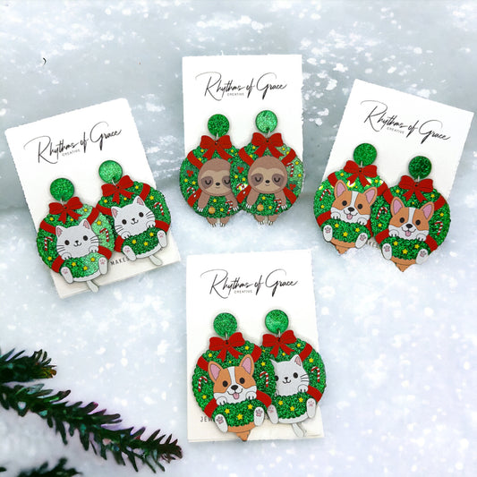Christmas Wreath Earrings - Christmas Sloth, Christmas Cat, Christmas Corgi, Christmas Earrings, Merry Christmas, Christmas Jewelry, Handmade Earrings