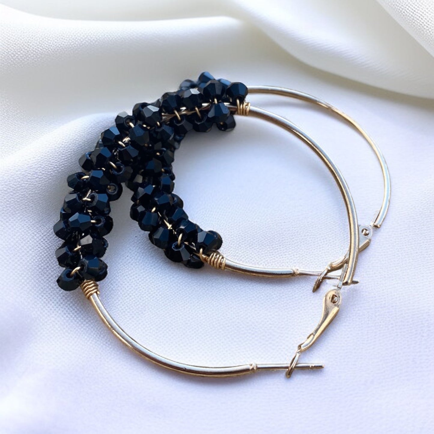 Chic Elegance: Black & Gold Beaded Hoop Earrings