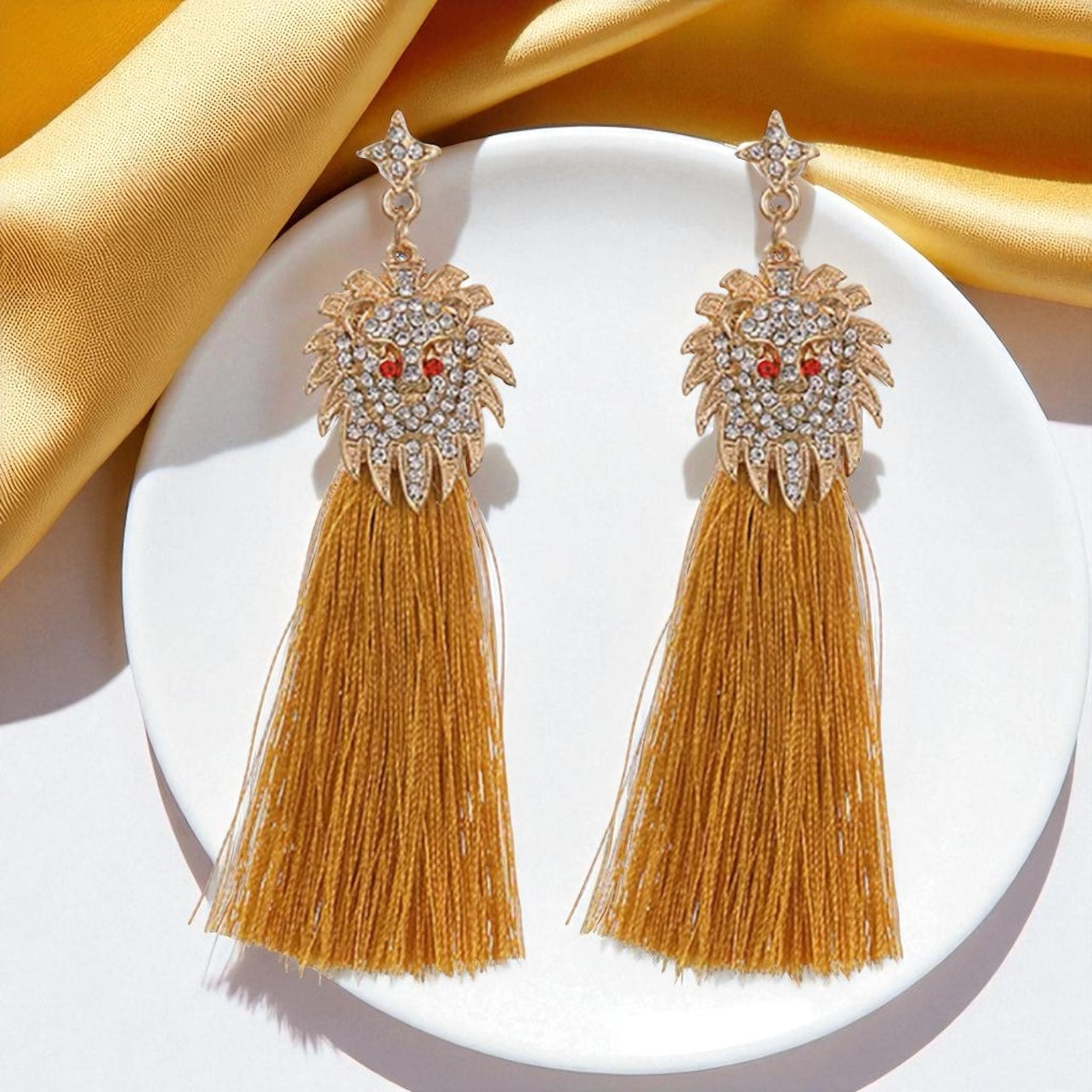 Rhinestone Lion Tassel Dangle Earrings - Available in Three Colors!