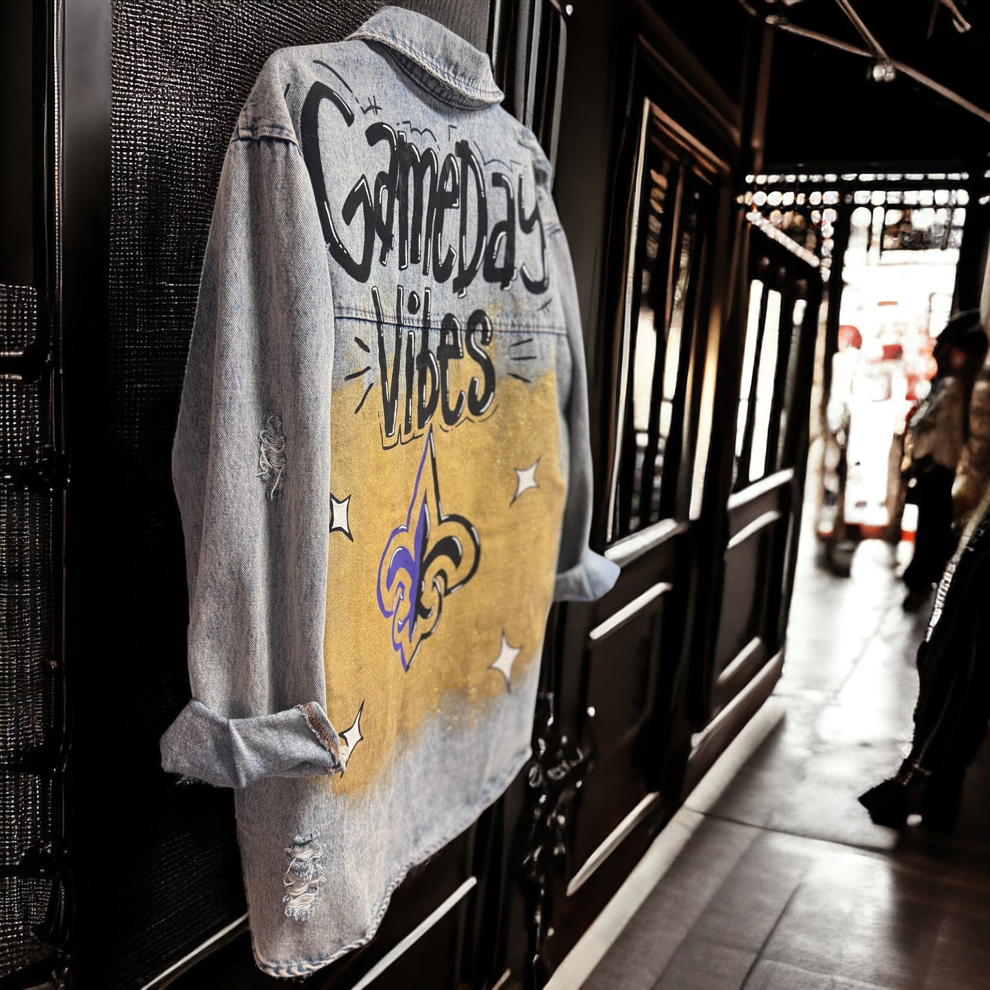 Hand-Painted Jean Jacket: GAMEDAY! | Perfect for LSU & Saints Fans | Oversized Long Denim
