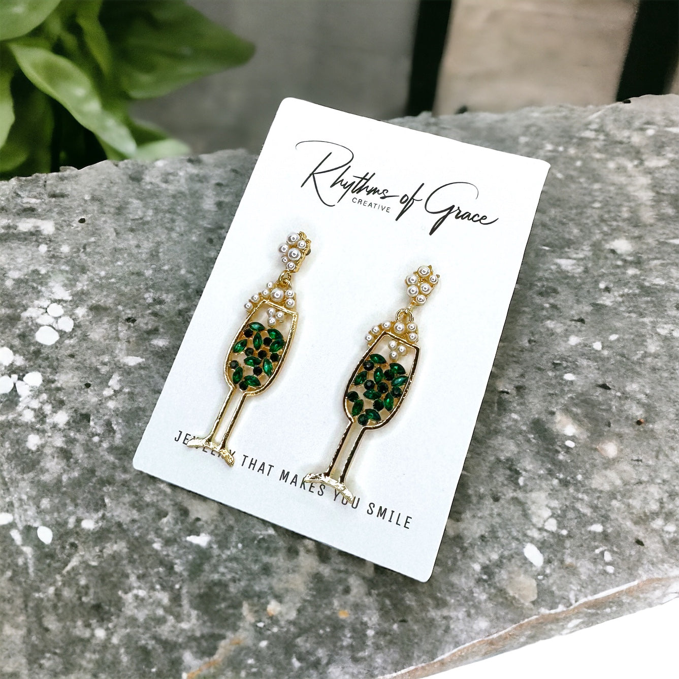 Wine Not? Sparkling Green Rhinestone Wineglass Earrings for the Stylish Sipper!