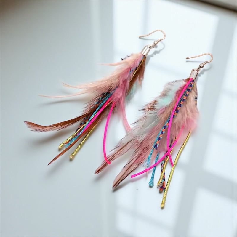 Colorful Boho Chic Feather & Beaded Tassel Dangle Earrings – Two Gorgeous Color Combos!