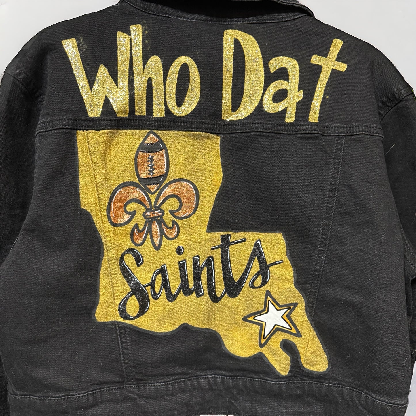 Hand Painted Jean Jacket: “Who Dat”, New Orleans Jacket, Hand Painted, NOLA Saints, Louisiana