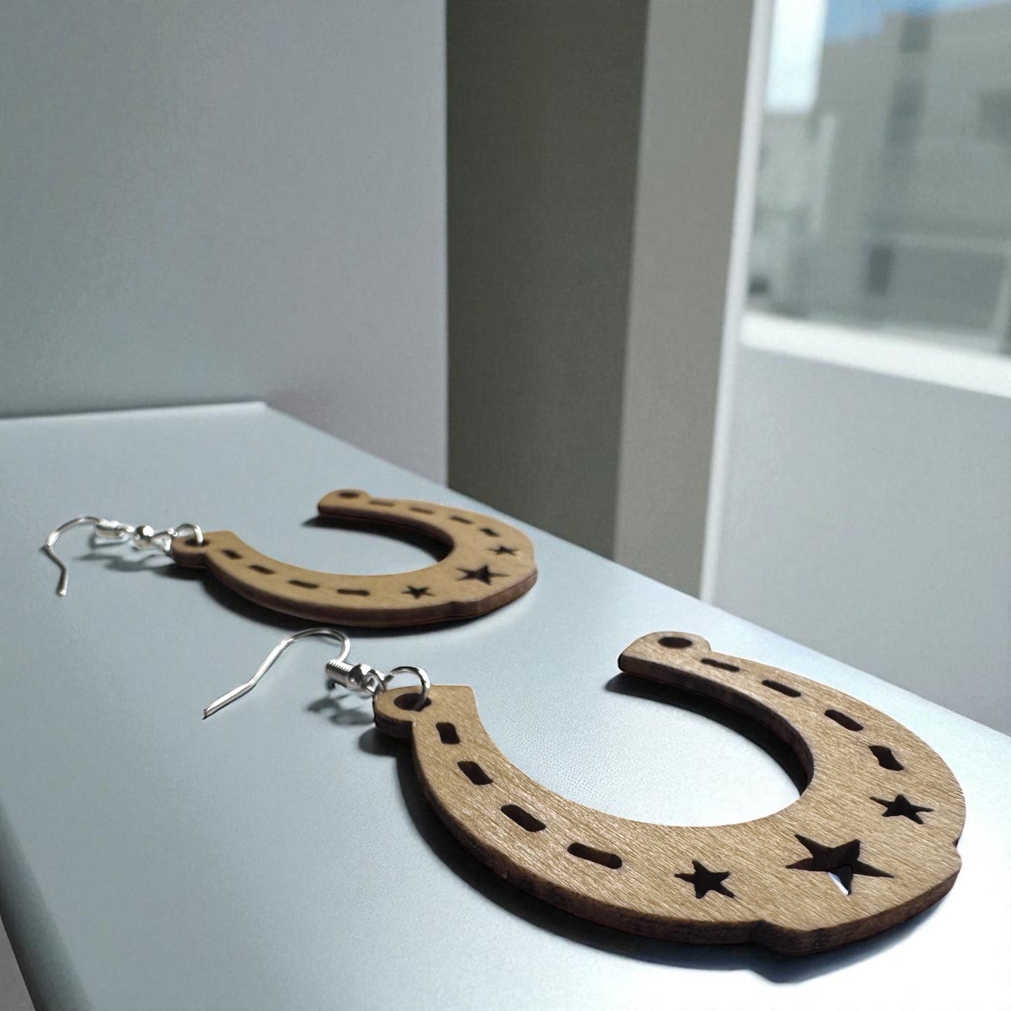 Saddle Up in Style with Our Wooden Horseshoe Dangle Earrings!