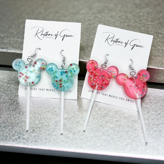 Whimsy & Sweetness – Mouse Ears Lollipop Earrings in Pink or Blue!