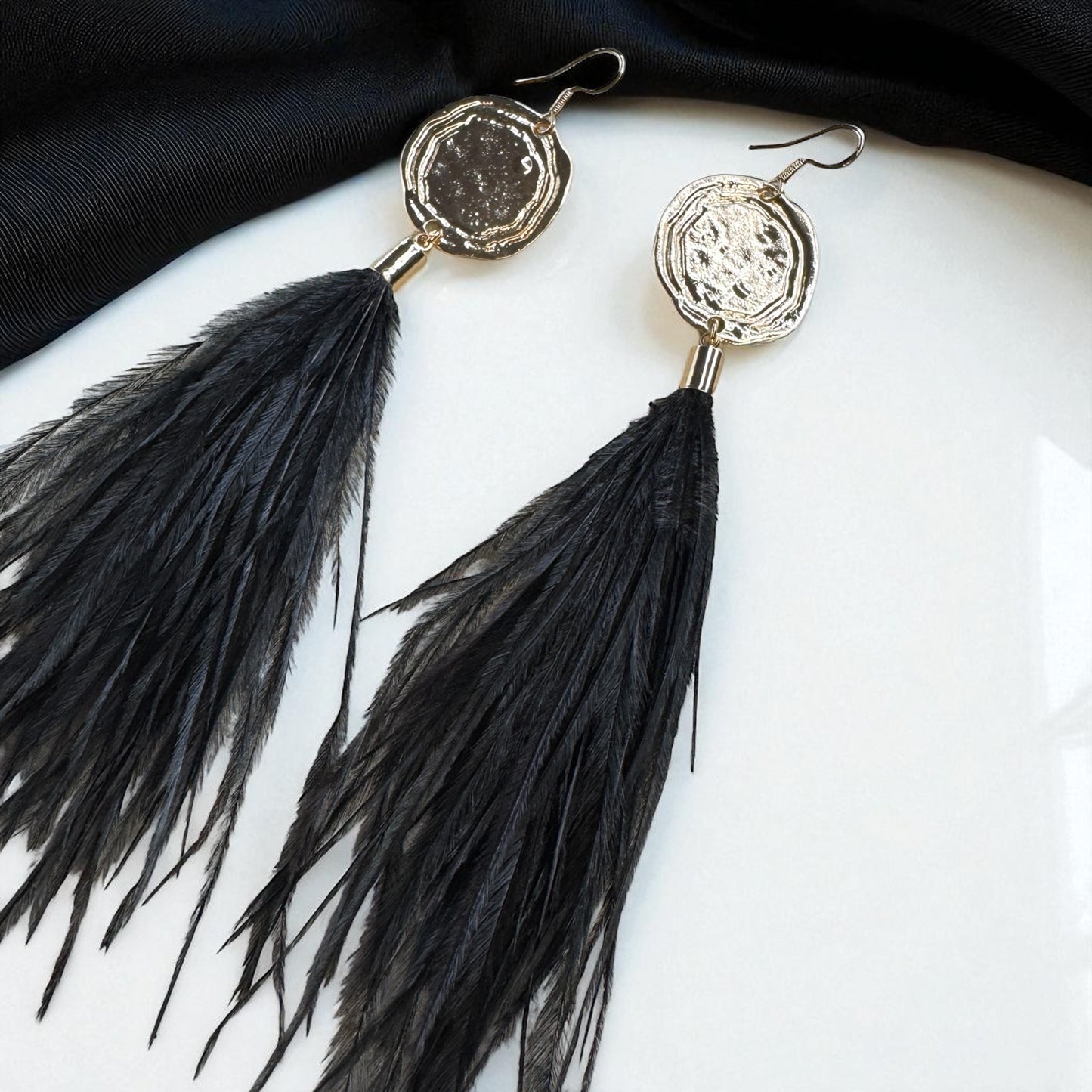 Boho Glam Vibes: Black Feather & Gold Charm Dangle Earrings – Lightweight, Bold & Beautiful!