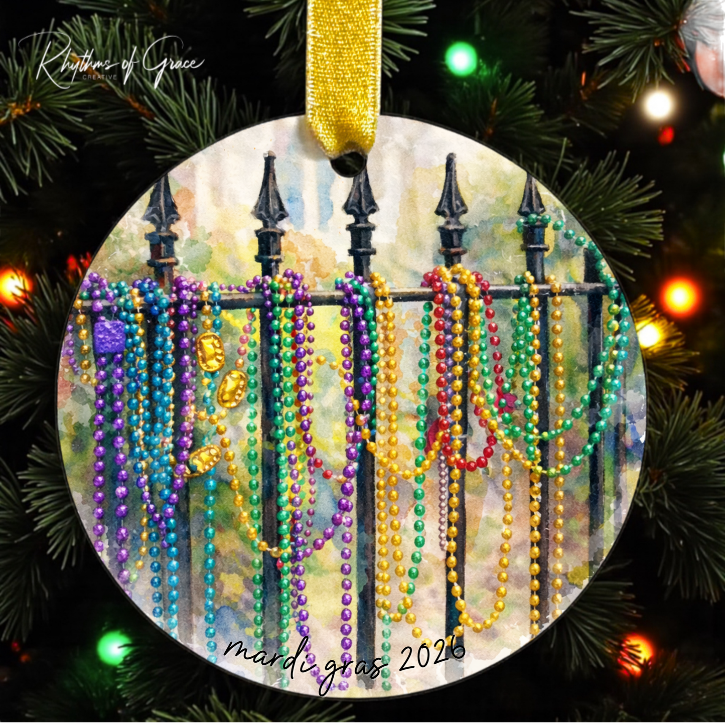 Watercolor Mardi Gras Bead Fence Ornament | New Orleans Carnival Custom Keepsake