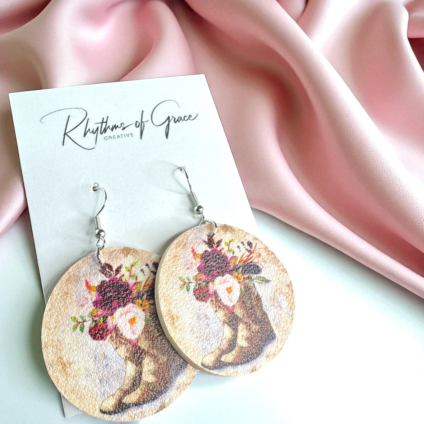 Boots & Blooms: Floral Cowgirl Boot Round Dangle Earrings