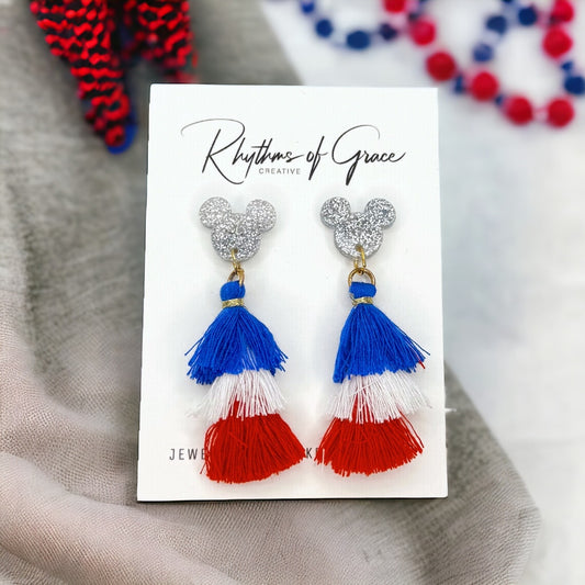 Sparkling Patriotic Mouse Ears Dangle Tassel Earrings for a Festive Look