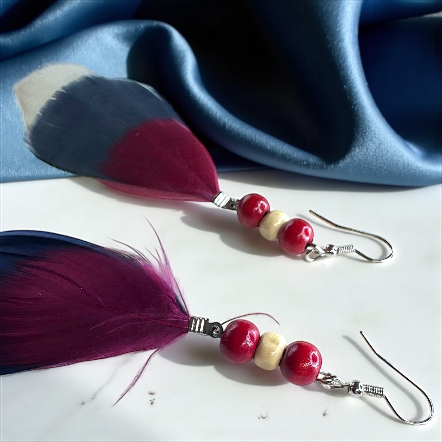 Boho Chic Red, White & Blue Feathered Dangle Earrings