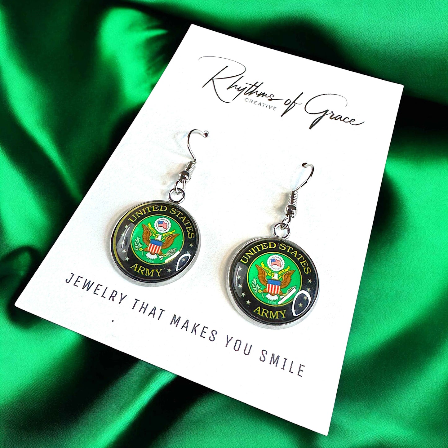 Military Mom Marvels: Army Cabochon Dangle Earrings!