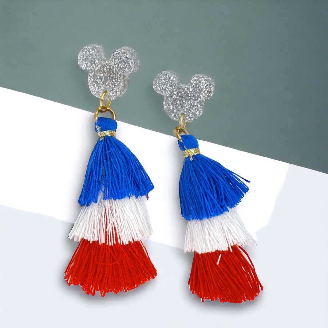 Sparkling Patriotic Mouse Ears Dangle Tassel Earrings for a Festive Look