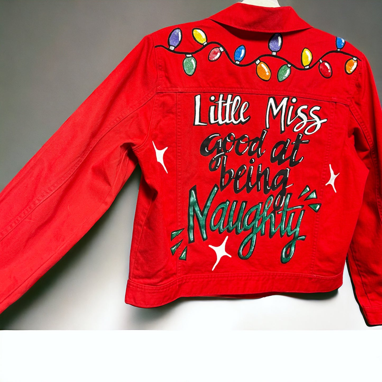 Hand Painted Jean Jacket: “Little Miss Good At Being Naughty”