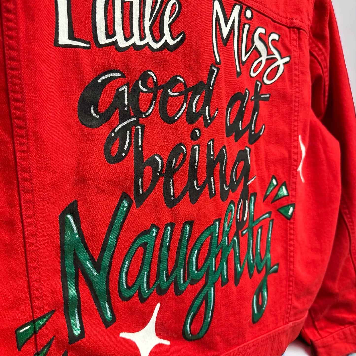 Hand Painted Jean Jacket: “Little Miss Good At Being Naughty”