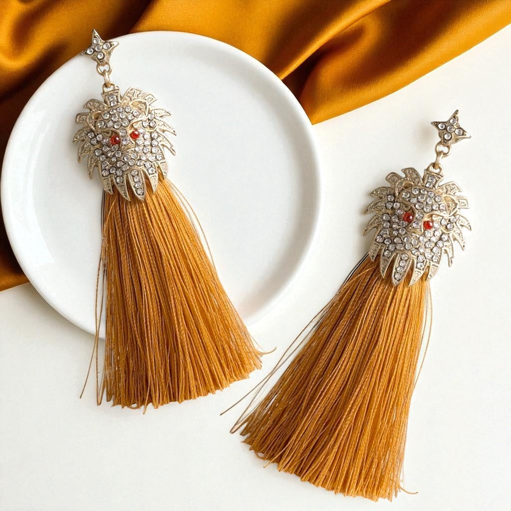 Rhinestone Lion Tassel Dangle Earrings - Available in Three Colors!