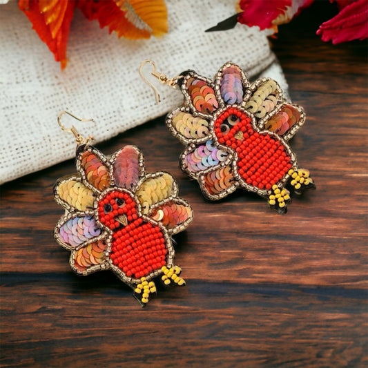 Beaded Turkey Earrings - Thanksgiving Earrings, Thanksgiving Accessories, Turkey Trot, Beaded Earrings