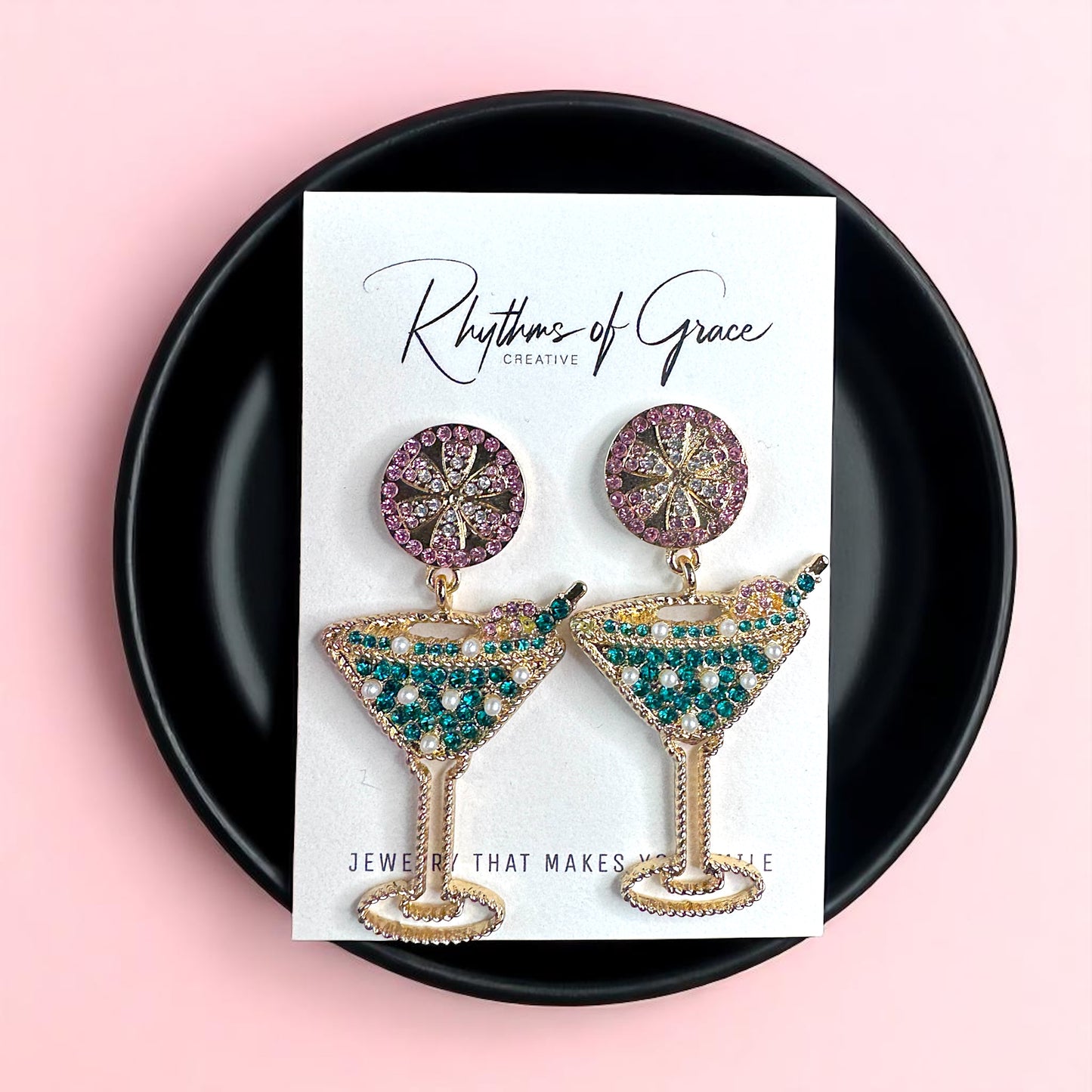 Sparkling Emerald & Pink Martini Dangle Earrings - Glamorous Statement Jewelry