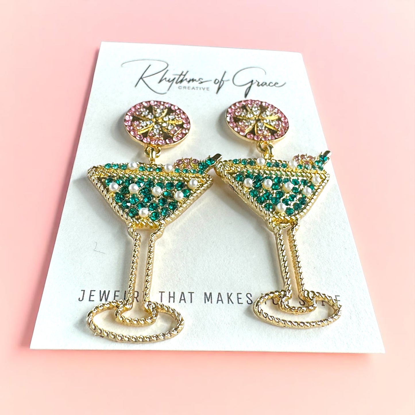 Sparkling Emerald & Pink Martini Dangle Earrings - Glamorous Statement Jewelry