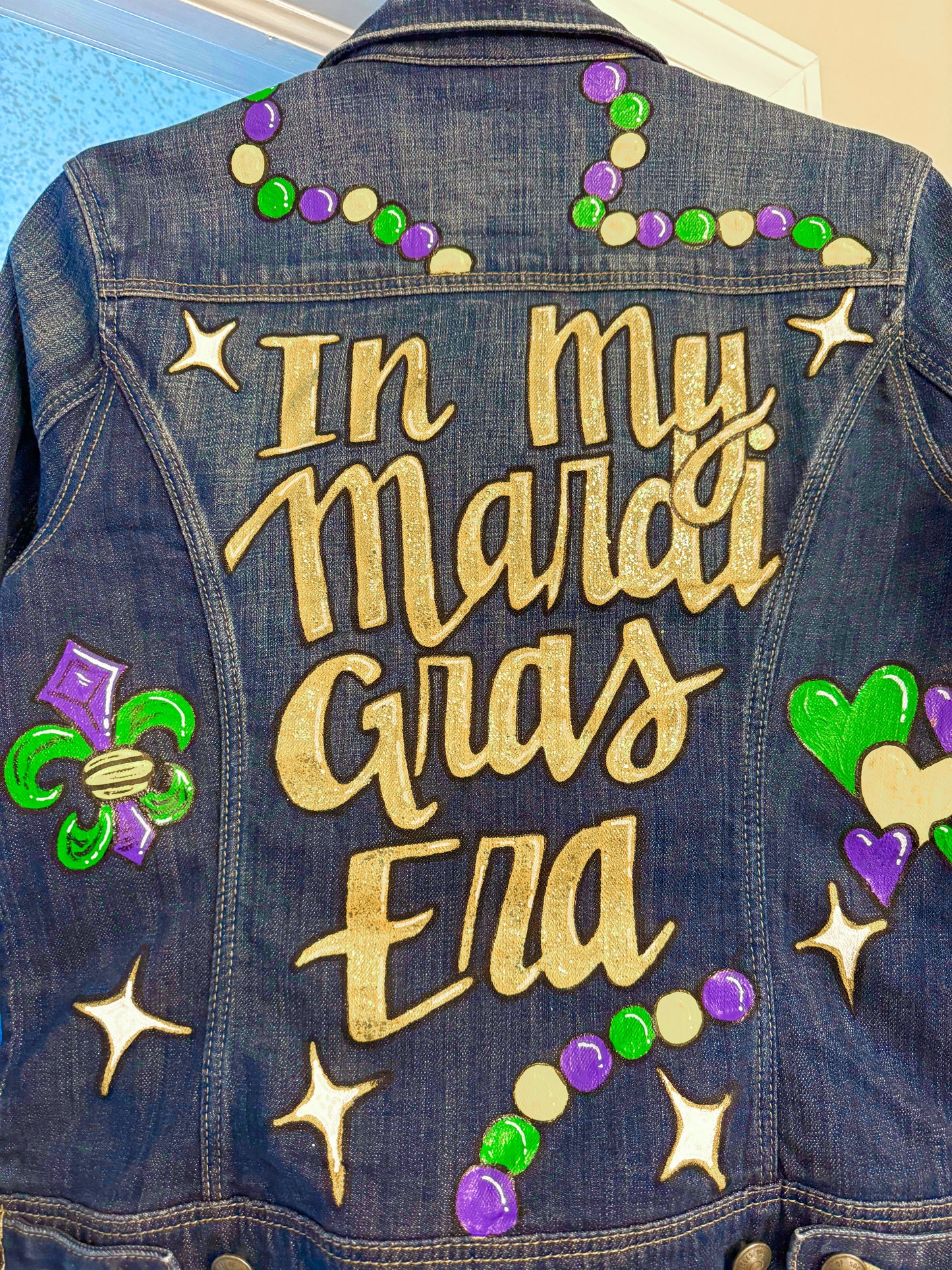 Hand Painted Mardi Gras Jean Jacket - Mardi Gras, Mardi Gras Jacket, New Orleans, Purple Green Gold, Mardi Gras, Parade Outfit, Glitter