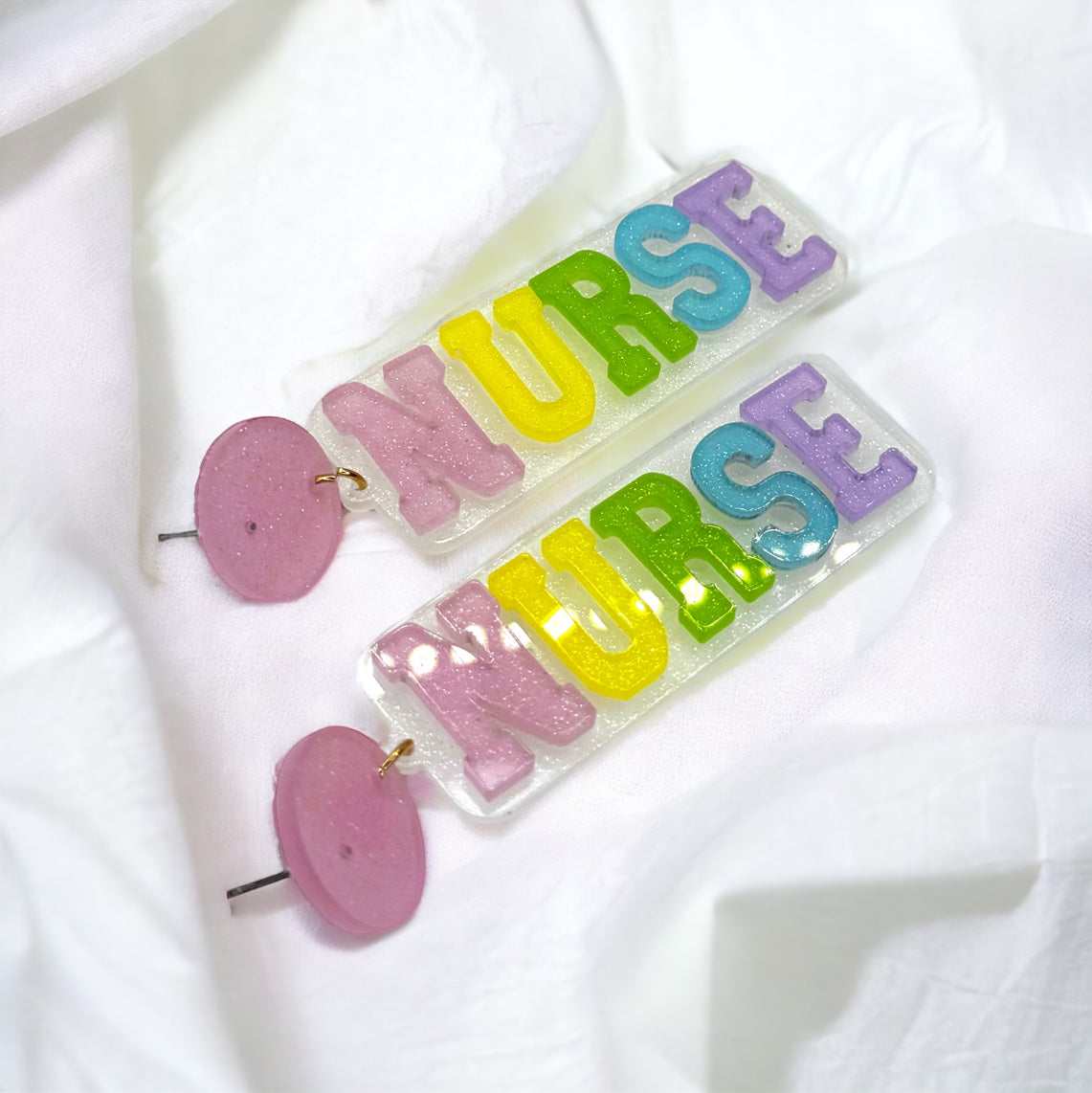 Tiny Patients, Big Heart – Pediatric Nurse Earrings in Glittery Pastels