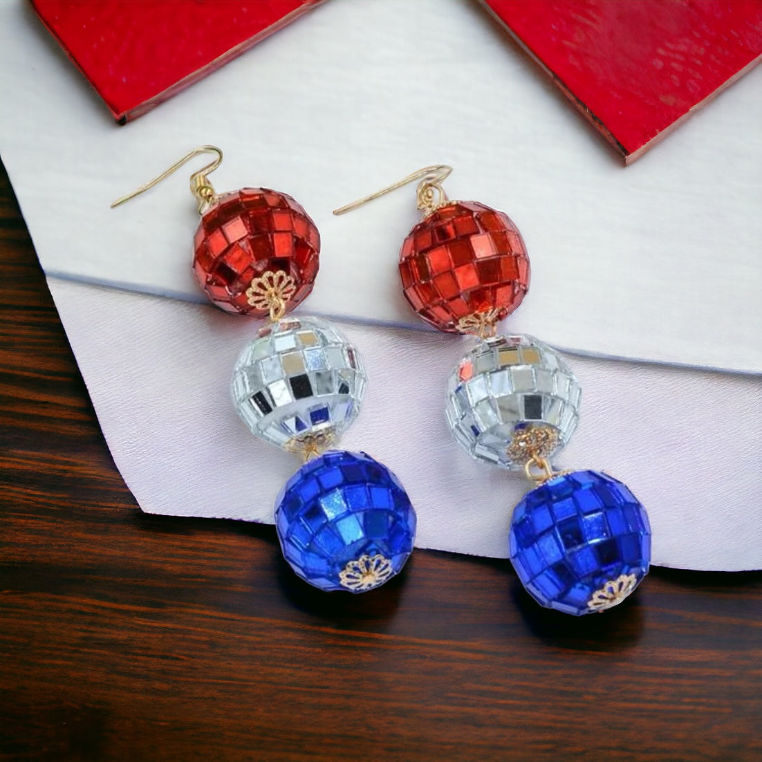 Patriotic Disco Ball Earrings - Fourth of July, Stars and Stripes, Red White and Blue