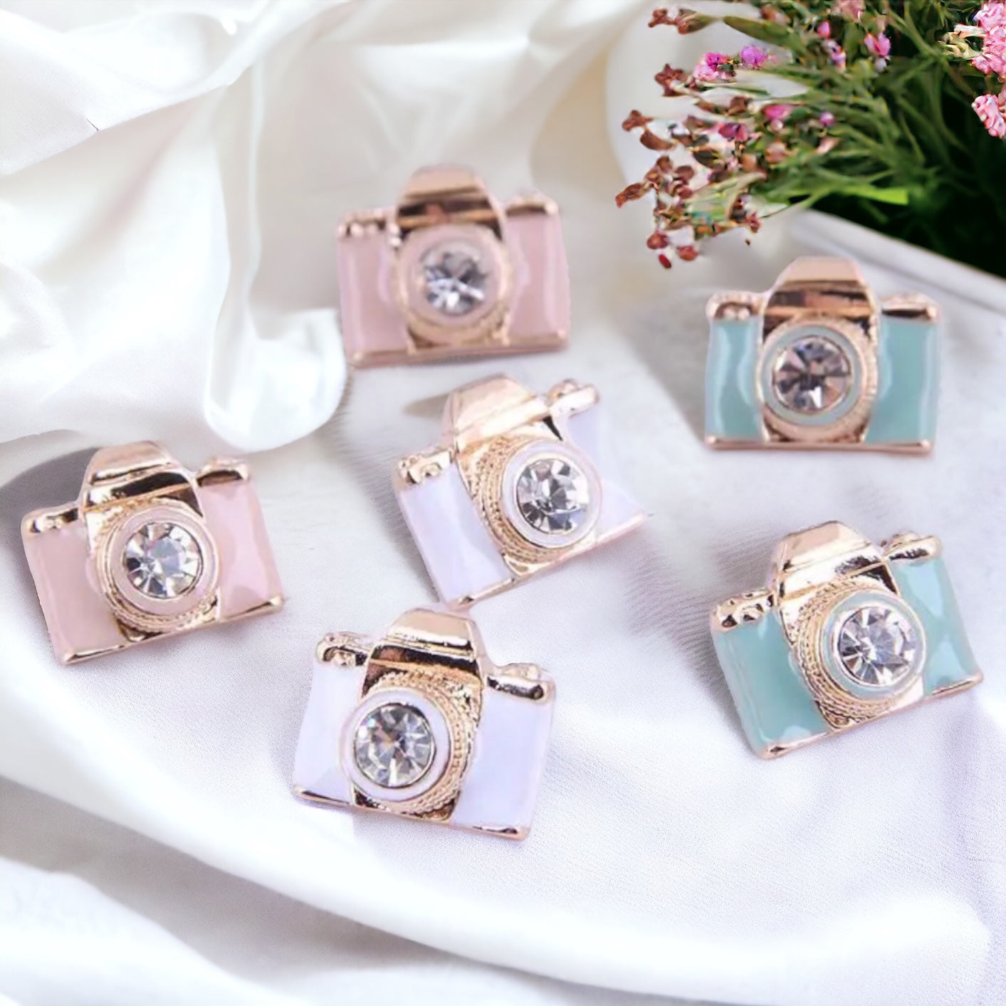 Snap Chic: Dazzling Camera Rhinestone Stud Earrings in White, Pink & Blue!